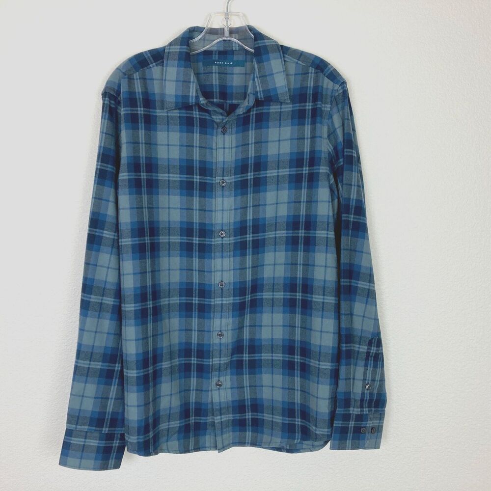 Perry Ellis Men's Button Down Flannel Shirt Size L Cotton Blend Blue Gray
